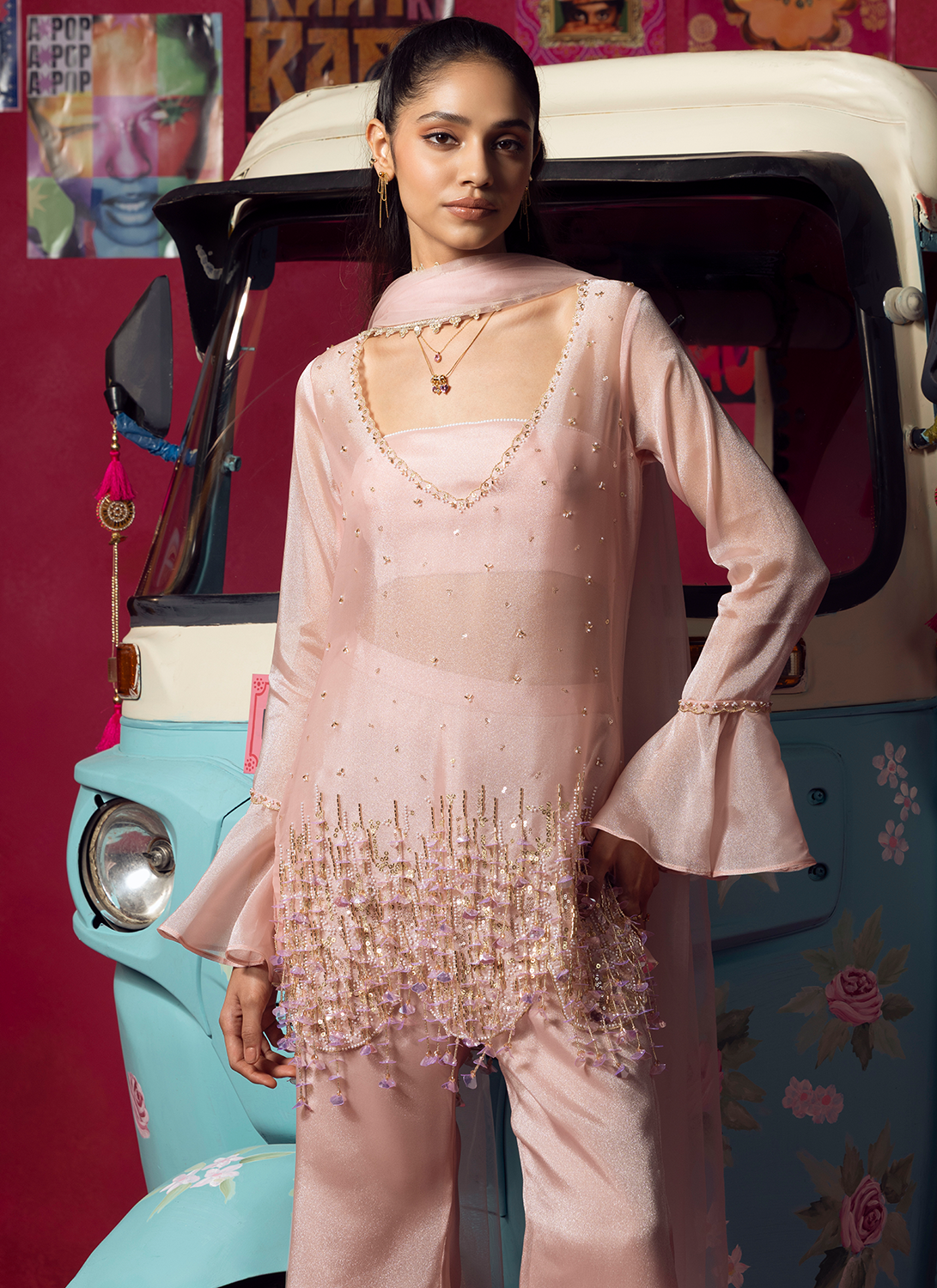 Blush Pink Embroidered Net Pant Suit