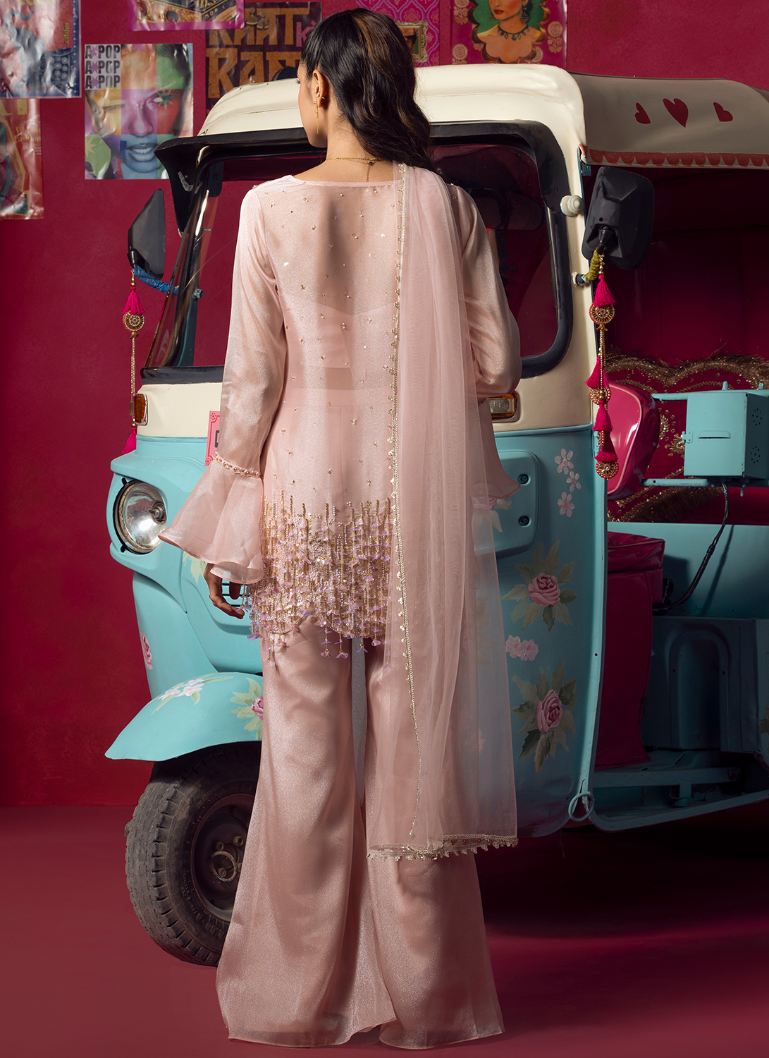 Blush Pink Embroidered Net Pant Suit
