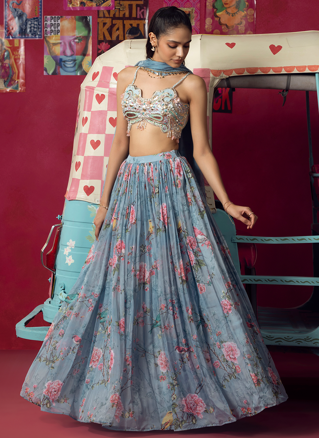 Blue Floral Embroidered Silk Lehenga