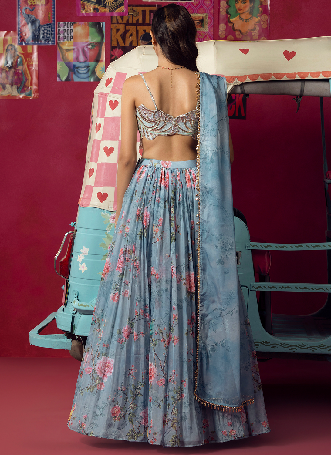 Blue Floral Embroidered Silk Lehenga