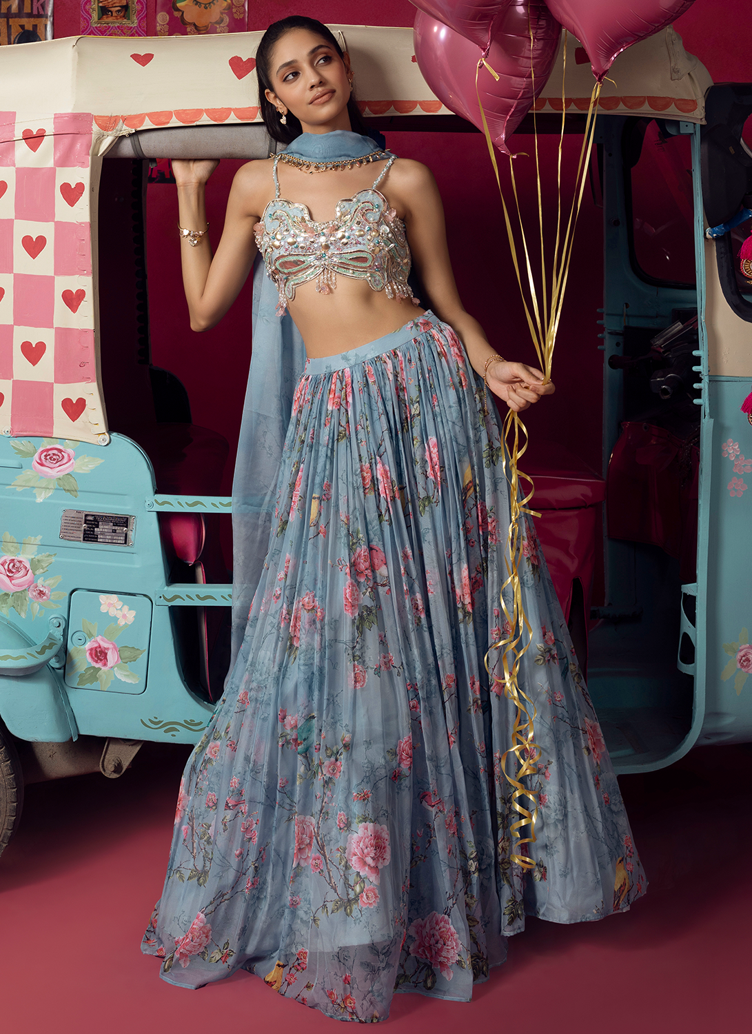 Blue Floral Embroidered Silk Lehenga
