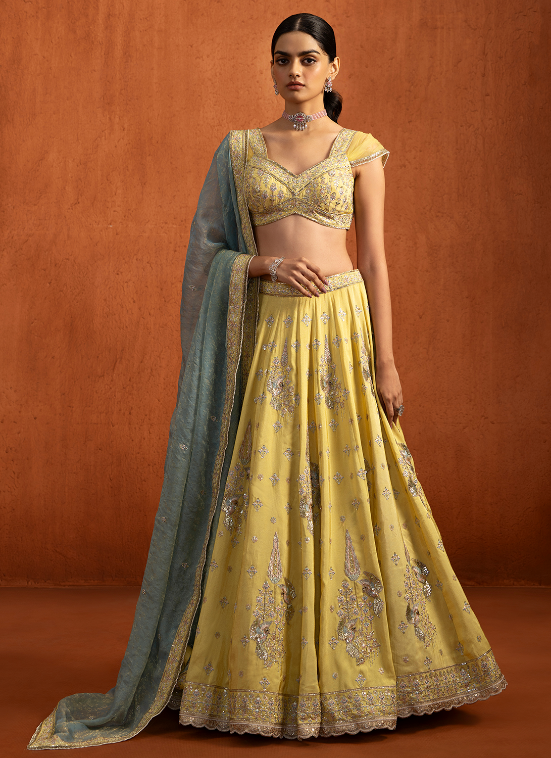 Yellow Embroidered Viscose Tissue Lehenga