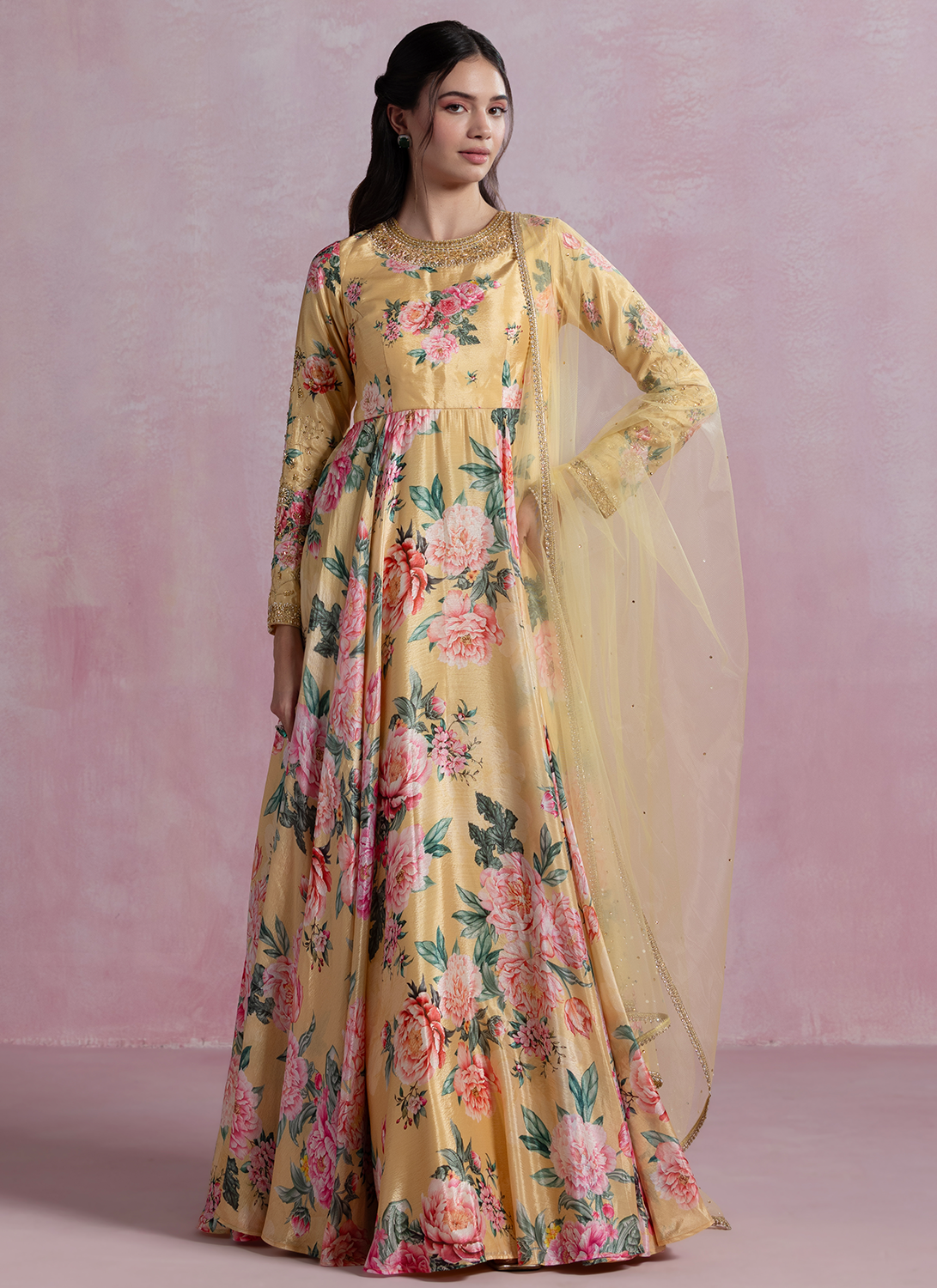 Yellow Floral Printed Chinon Anarkali