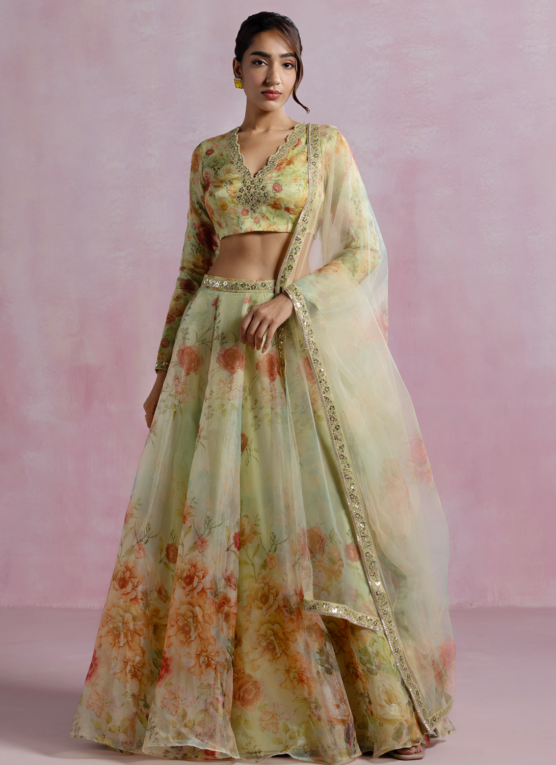 Yellow Floral Printed Organza Lehenga