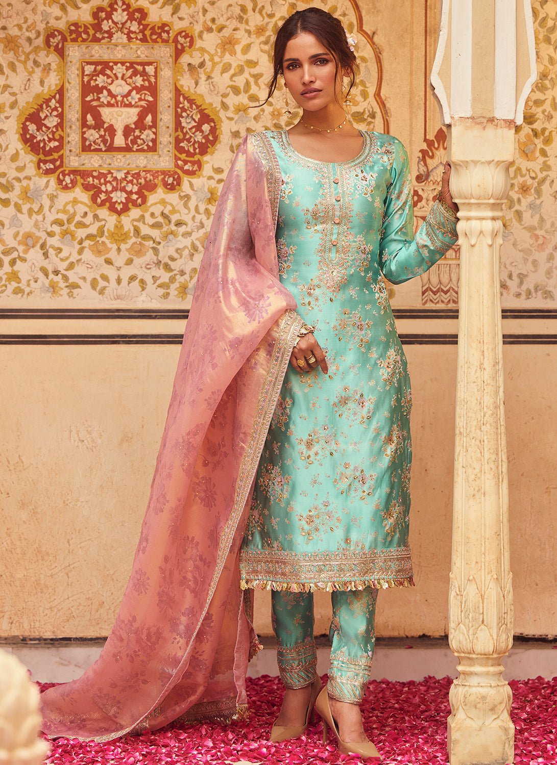 Aqua Blue Embroidered Brocade Straight Suit - Lashkaraa