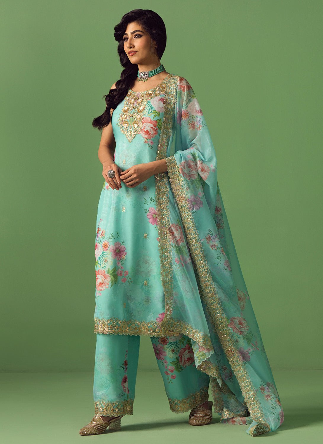 Aqua Multicolor Floral Printed Palazzo Suit - Lashkaraa