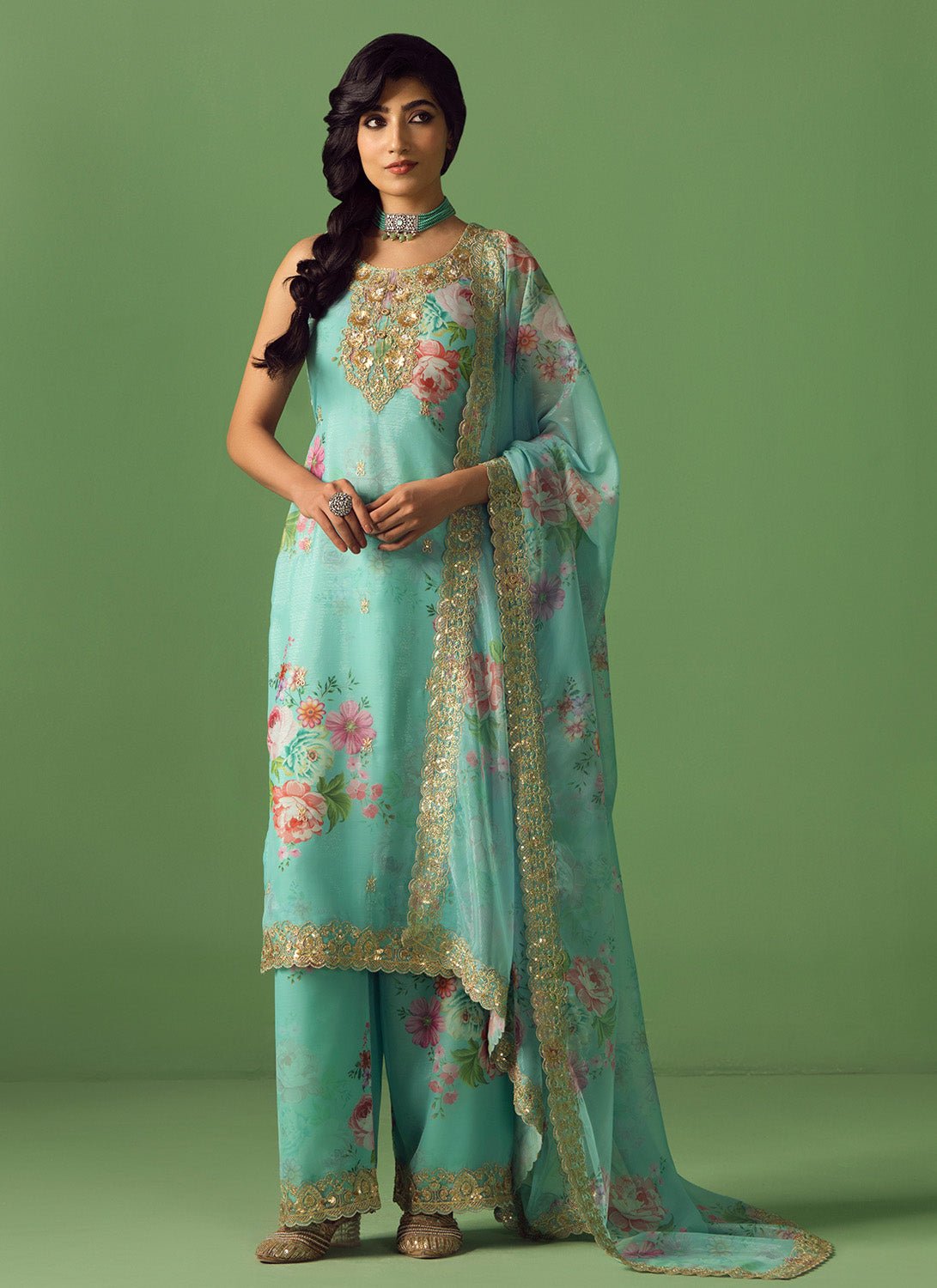 Aqua Multicolor Floral Printed Palazzo Suit - Lashkaraa