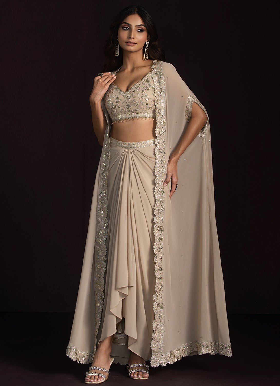 Beige Embroidered Georgette Dhoti Style Set - Lashkaraa