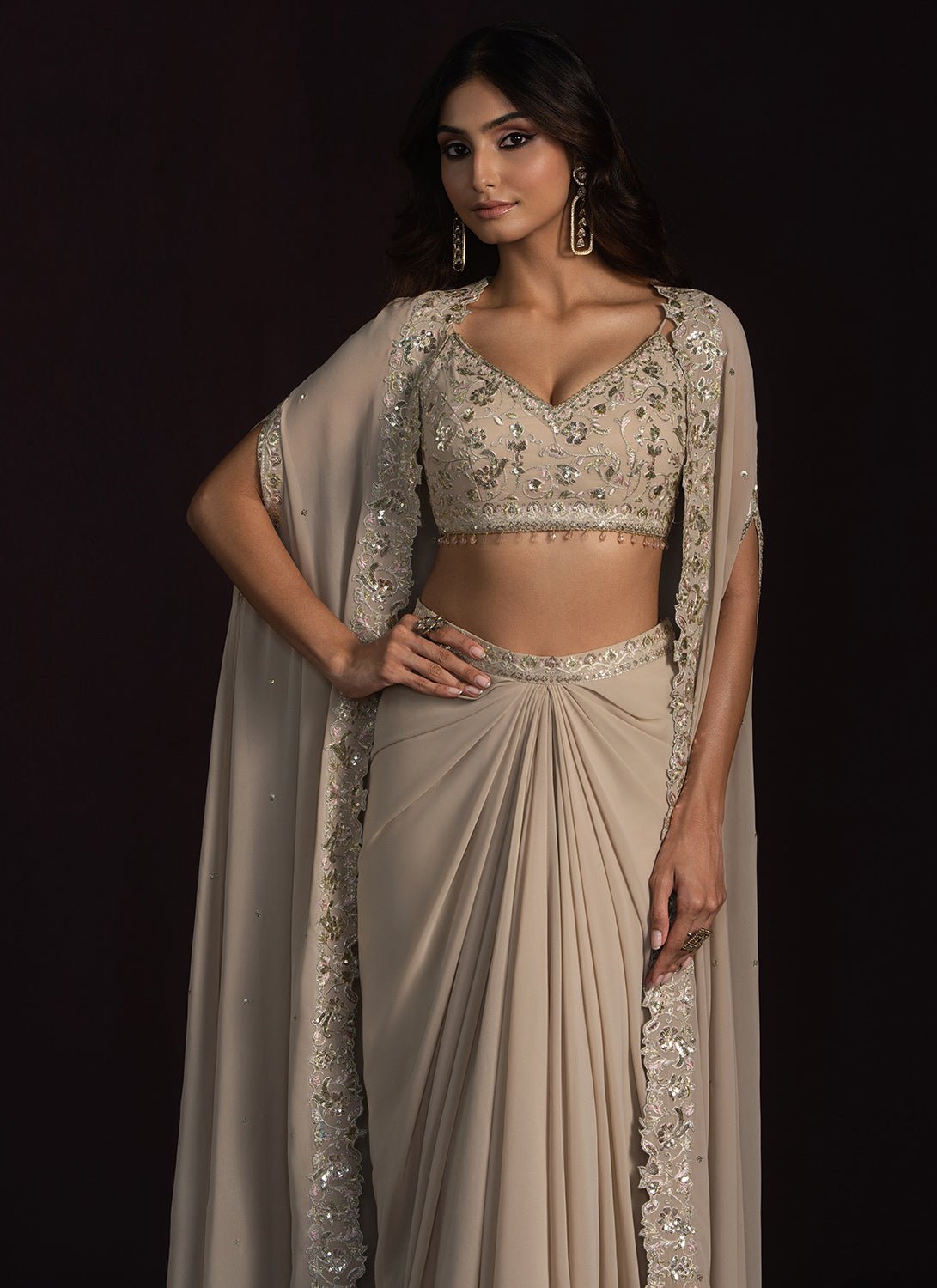 Beige Embroidered Georgette Dhoti Style Set - Lashkaraa