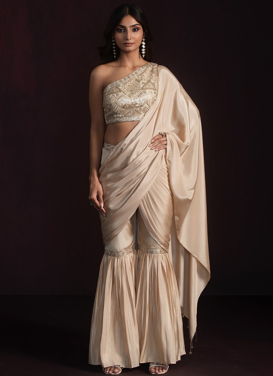 Beige Embroidered Gharara Style Saree - Lashkaraa