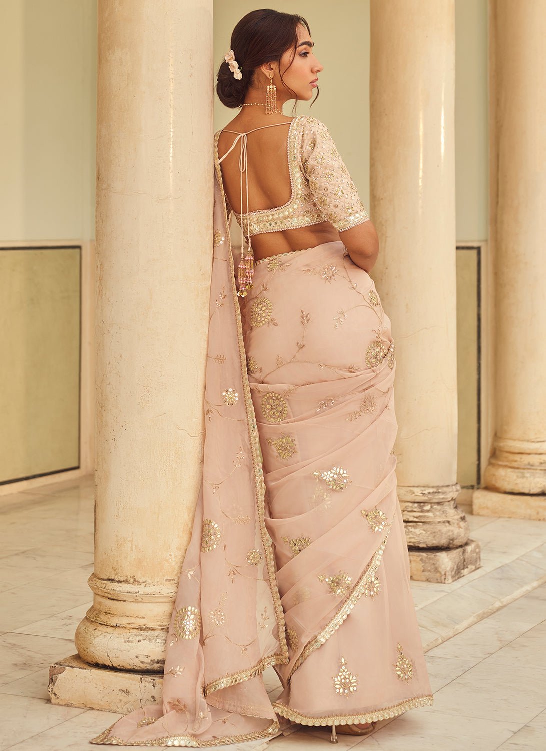 Beige Embroidered Viscose Organza Saree - Lashkaraa