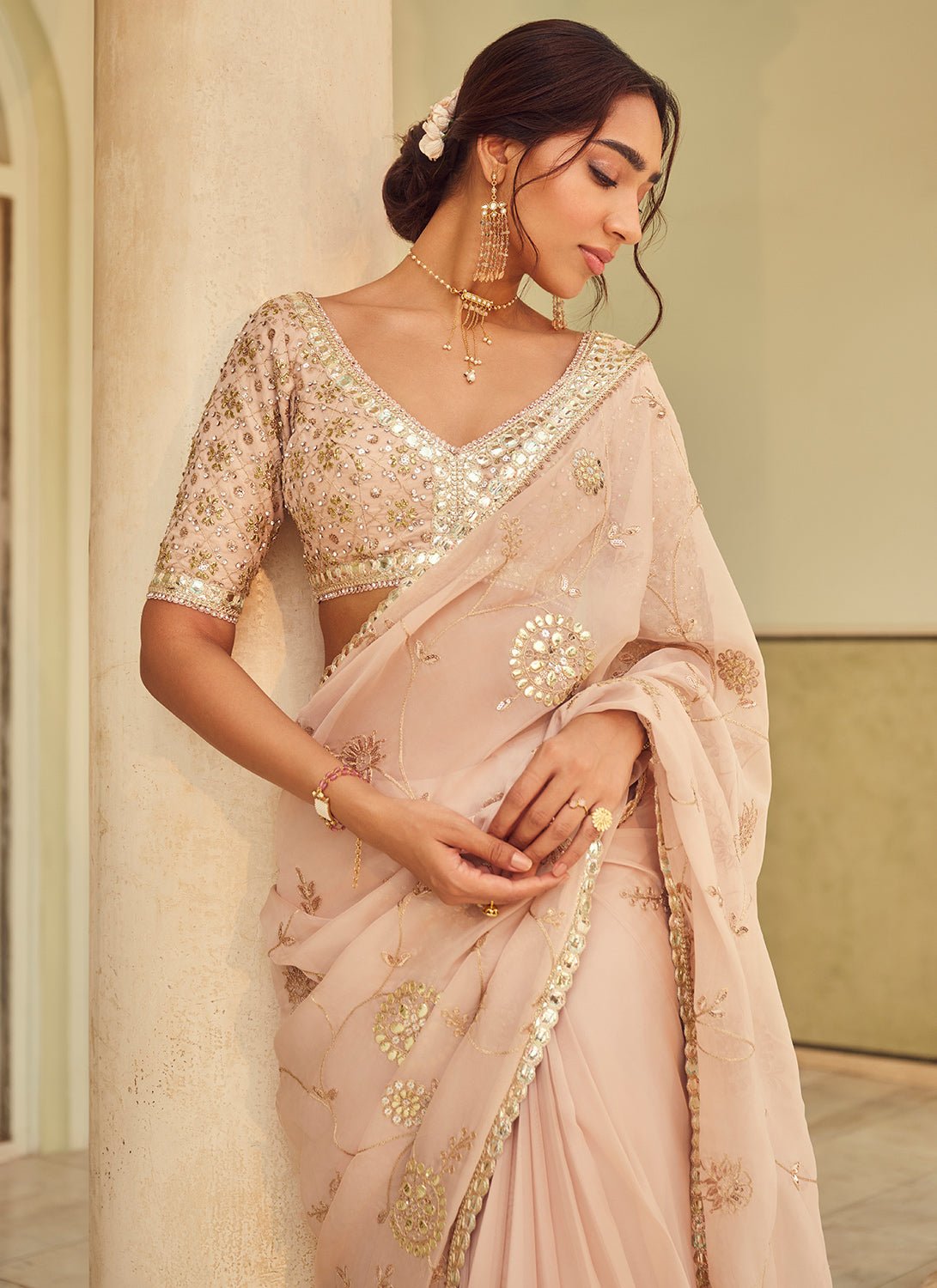 Beige Embroidered Viscose Organza Saree - Lashkaraa