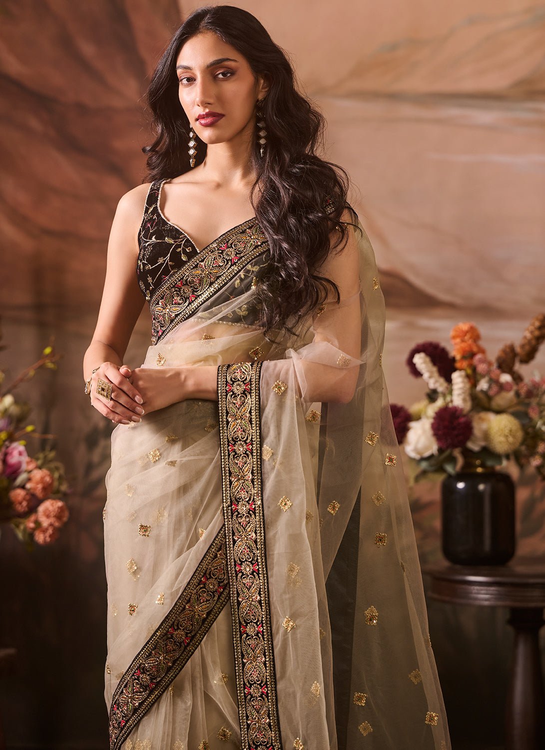 Black and Beige Embroidered Velvet Saree - Lashkaraa