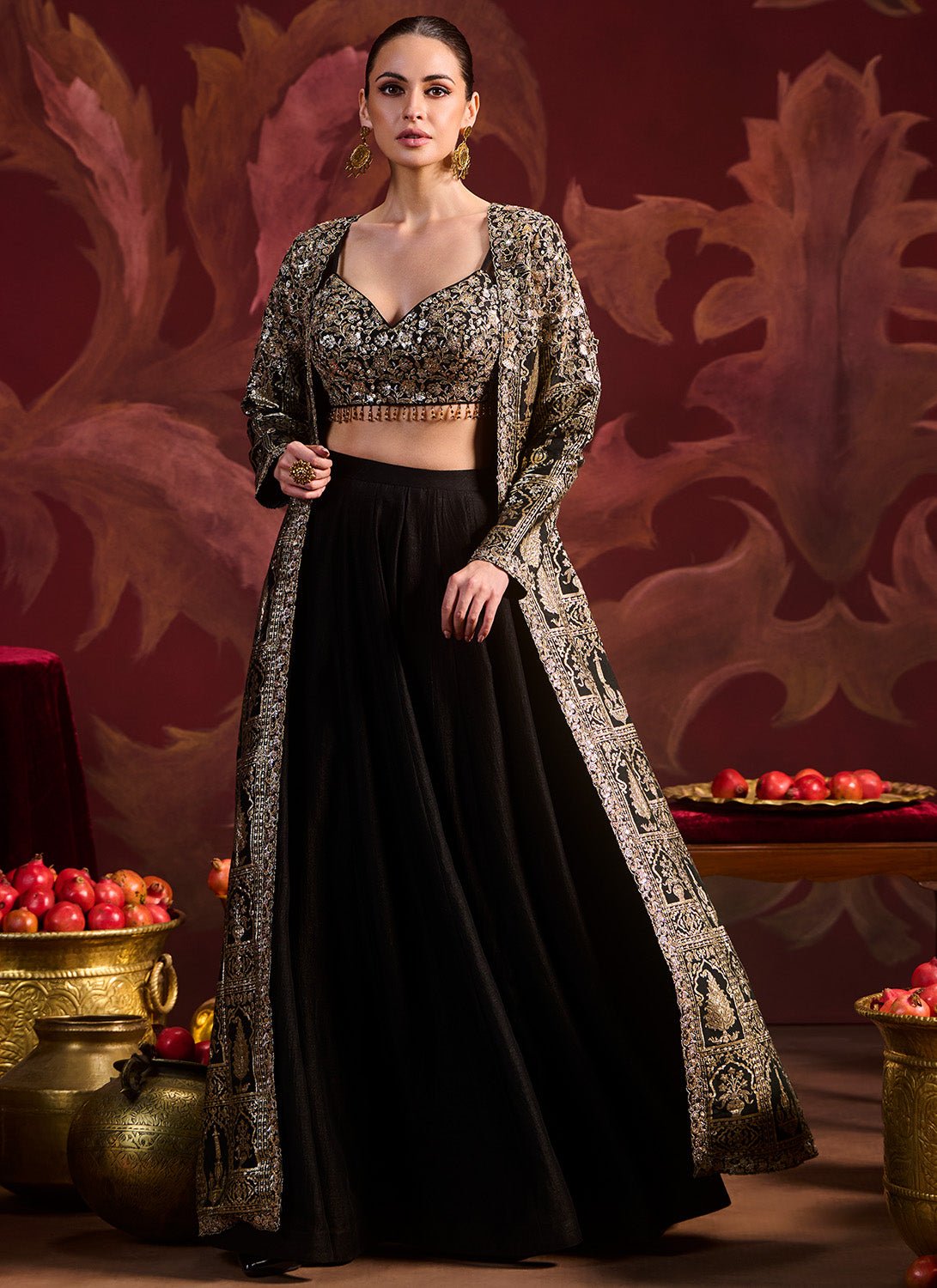 Black and Gold Brocade Jacket Style Set - Lashkaraa
