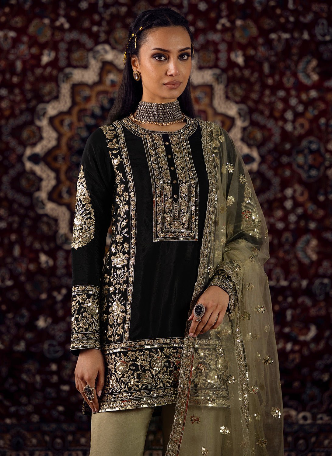 Black and Gold Embroidered Organza Pant Suit - Lashkaraa