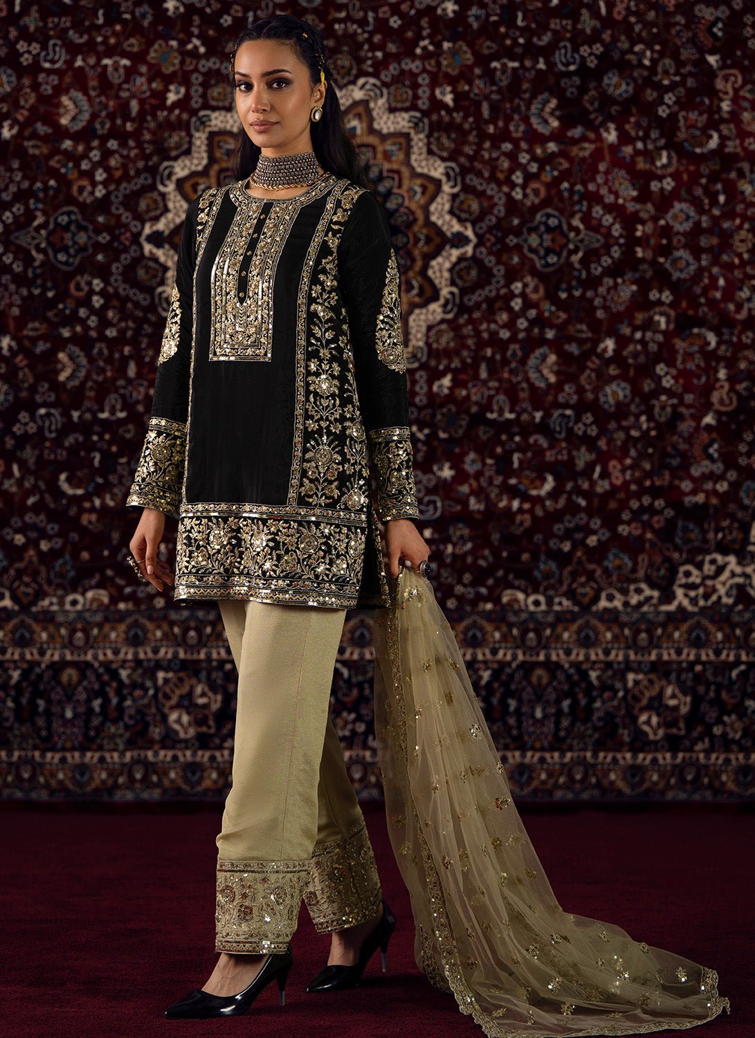 Black and Gold Embroidered Organza Pant Suit - Lashkaraa