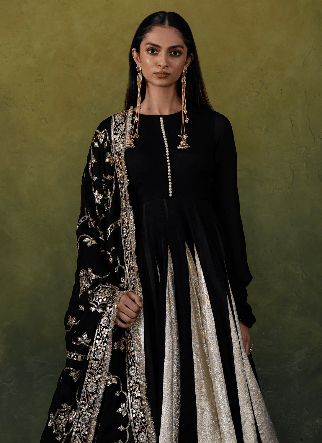 Black and Gold Embroidered Satin Anarkali - Lashkaraa