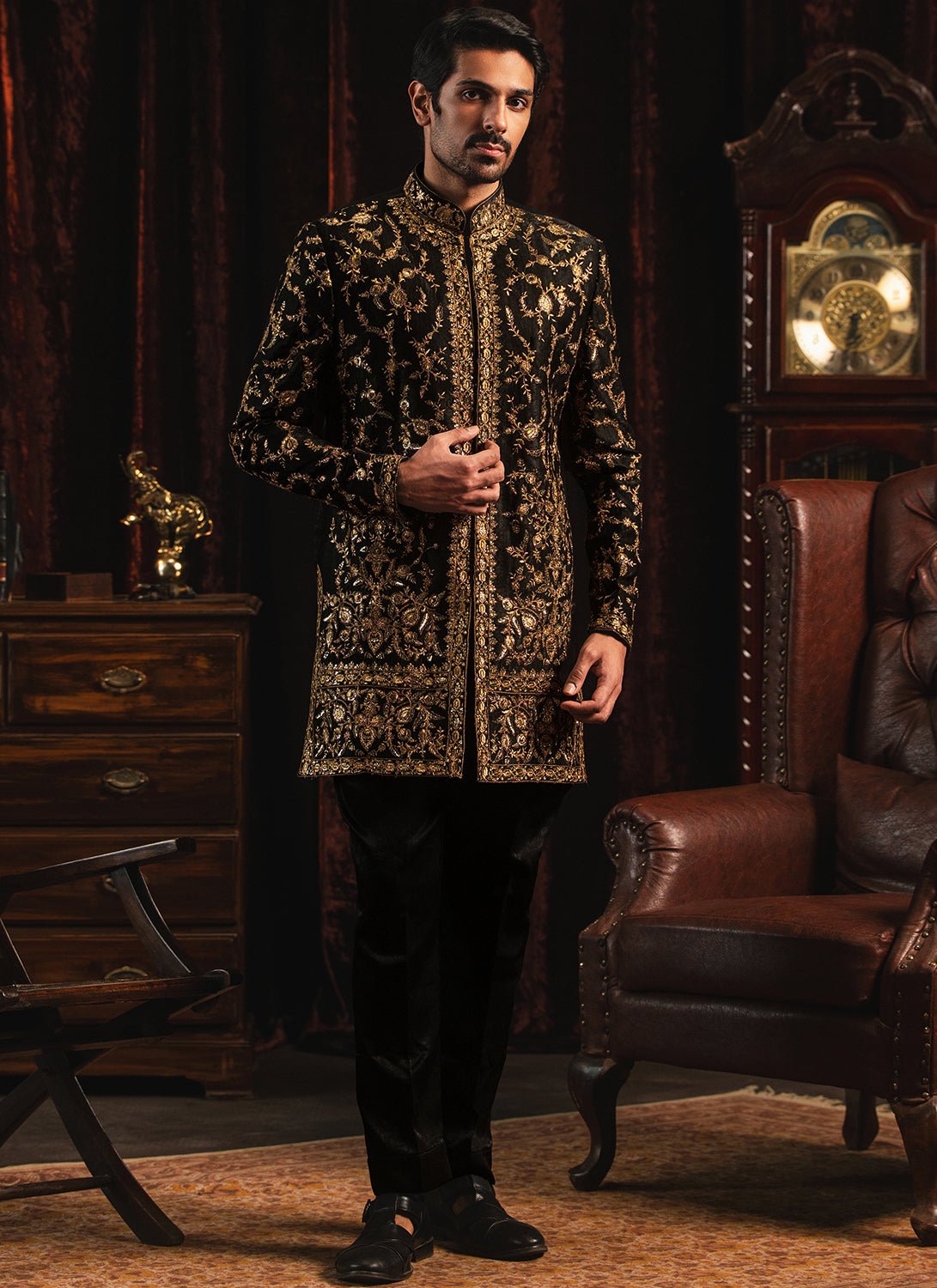 Black and Gold Embroidered Sherwani - Lashkaraa
