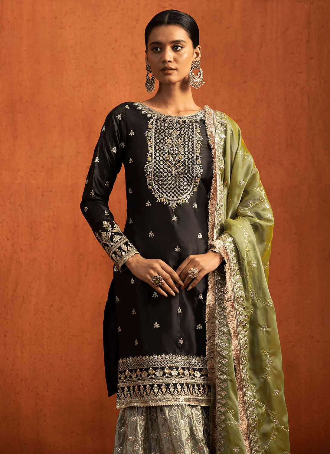 Black and Green Embroidered Silk Sharara Suit - Lashkaraa