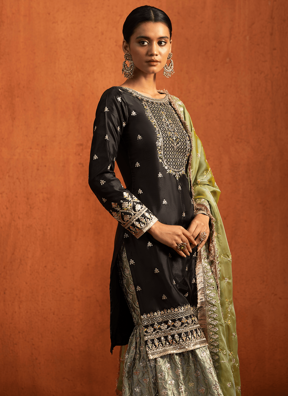 Black and Green Embroidered Silk Sharara Suit - Lashkaraa