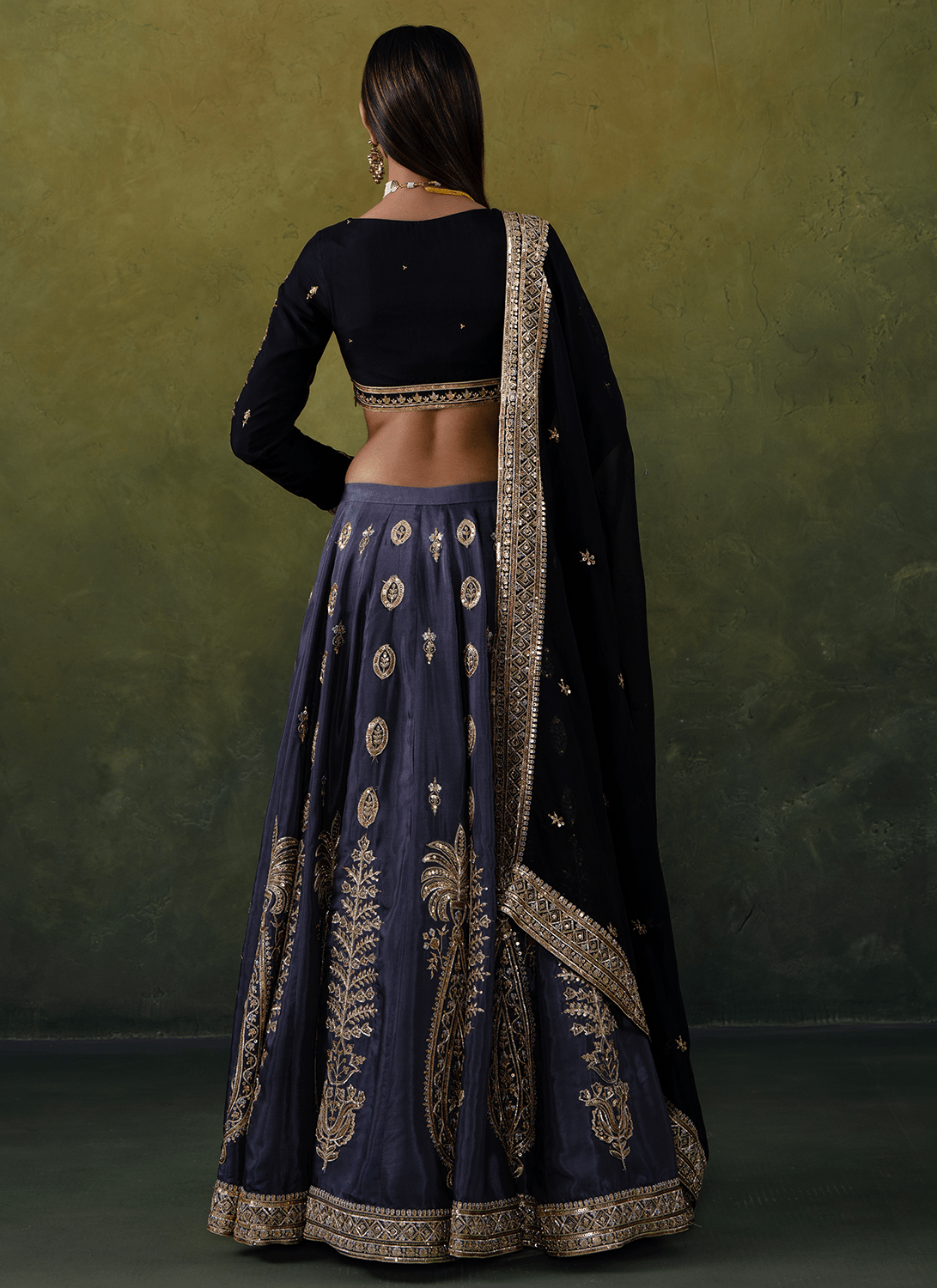 Black and Grey Embroidered Silk Lehenga - Lashkaraa