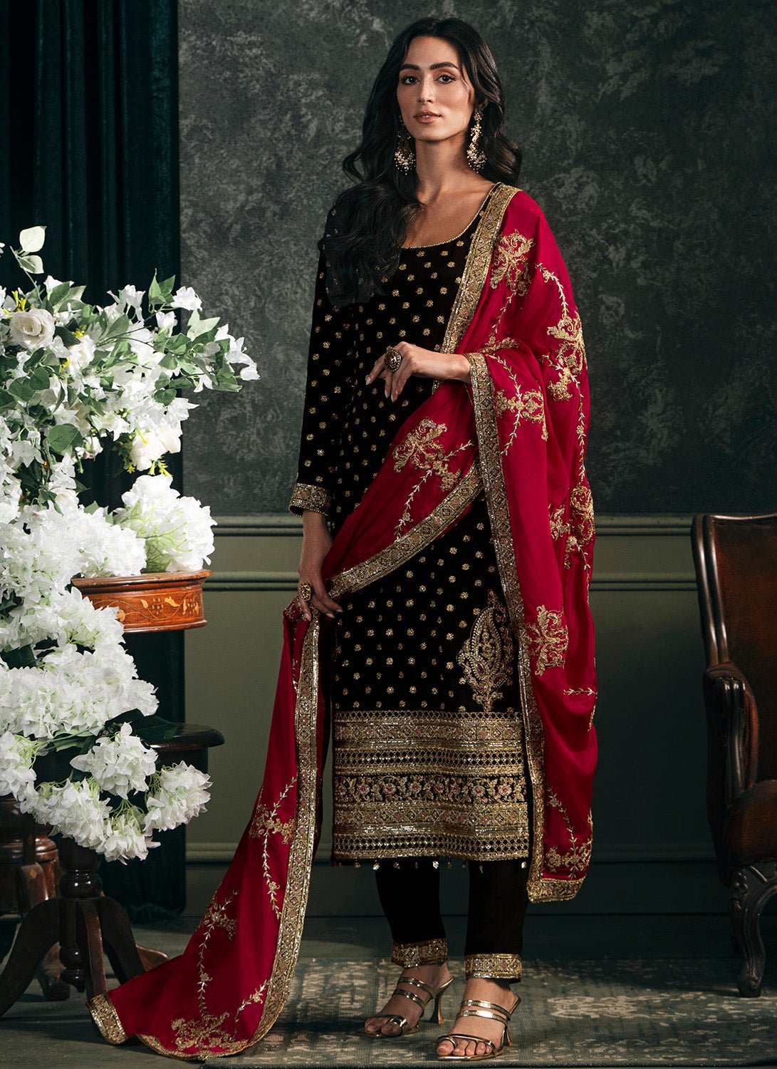 Black and Hot Pink Embroidered Straight Suit - Lashkaraa