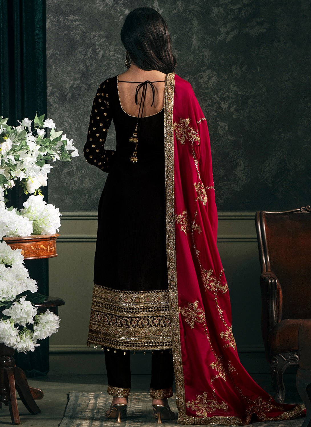 Black and Hot Pink Embroidered Straight Suit - Lashkaraa