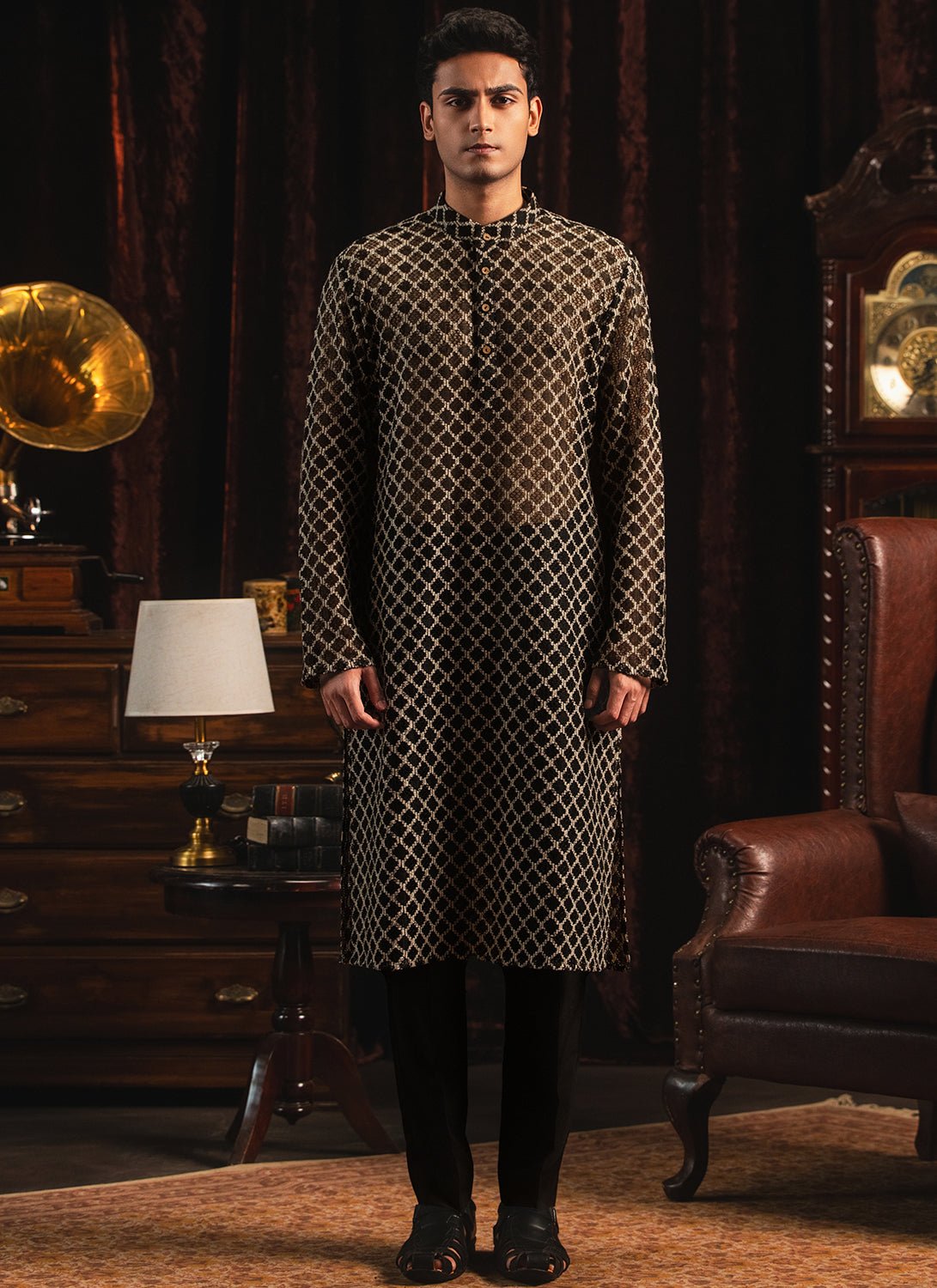 Black Crochet Cotton Kurta Set - Lashkaraa