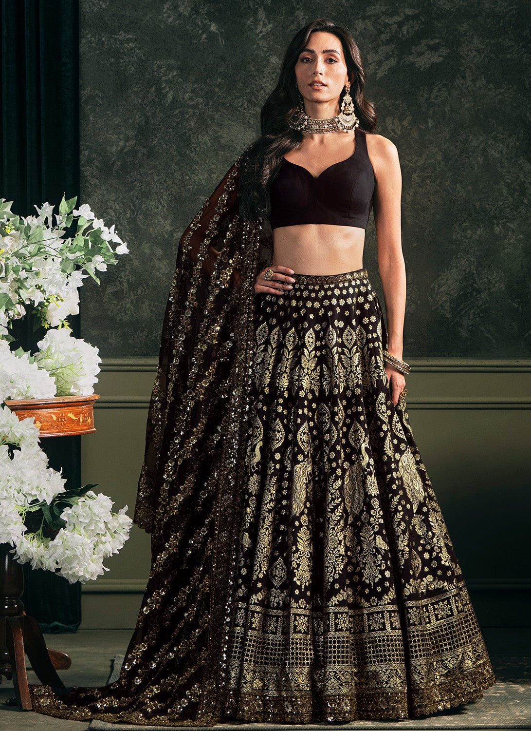 Black Embroidered Brocade Lehenga - Lashkaraa