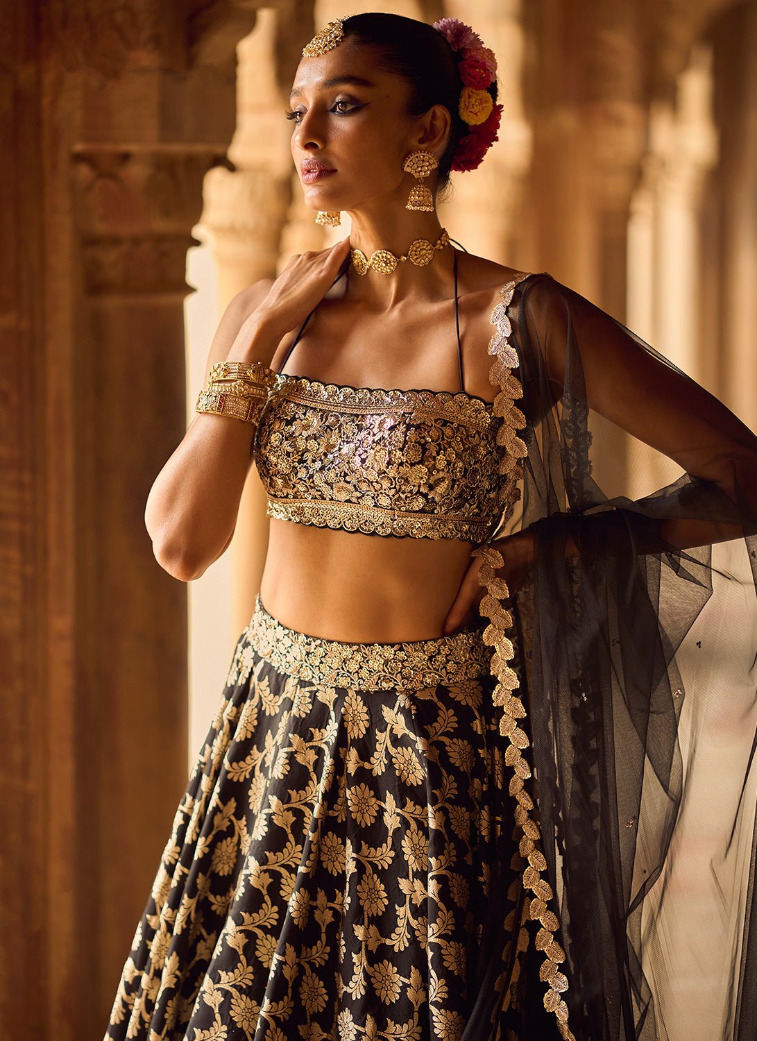 Black Embroidered Brocade Lehenga - Lashkaraa