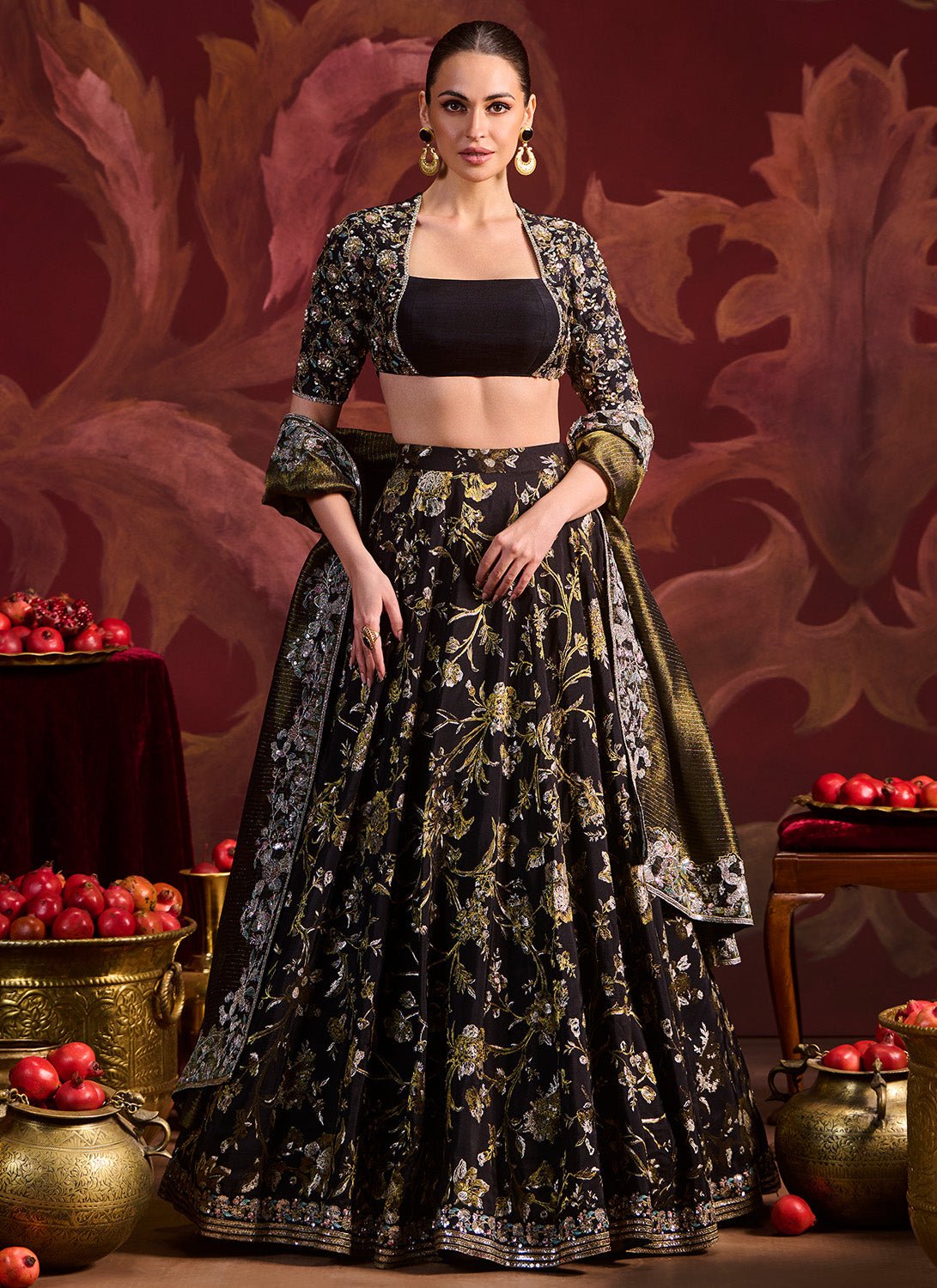 Black Embroidered Brocade Lehenga - Lashkaraa