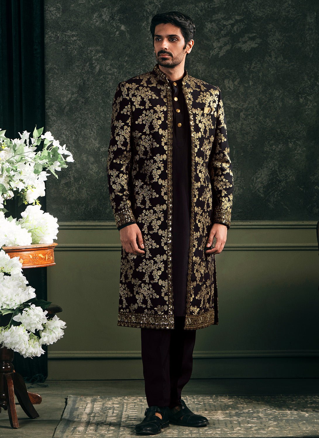 Black Embroidered Brocade Sherwani Set - Lashkaraa