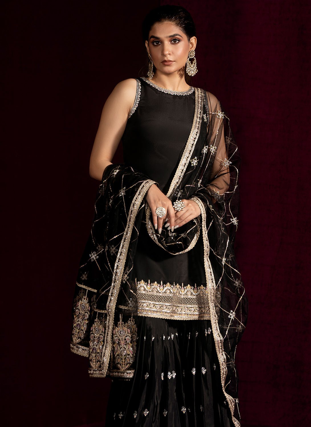 Black Embroidered Crepe Silk Gharara - Lashkaraa