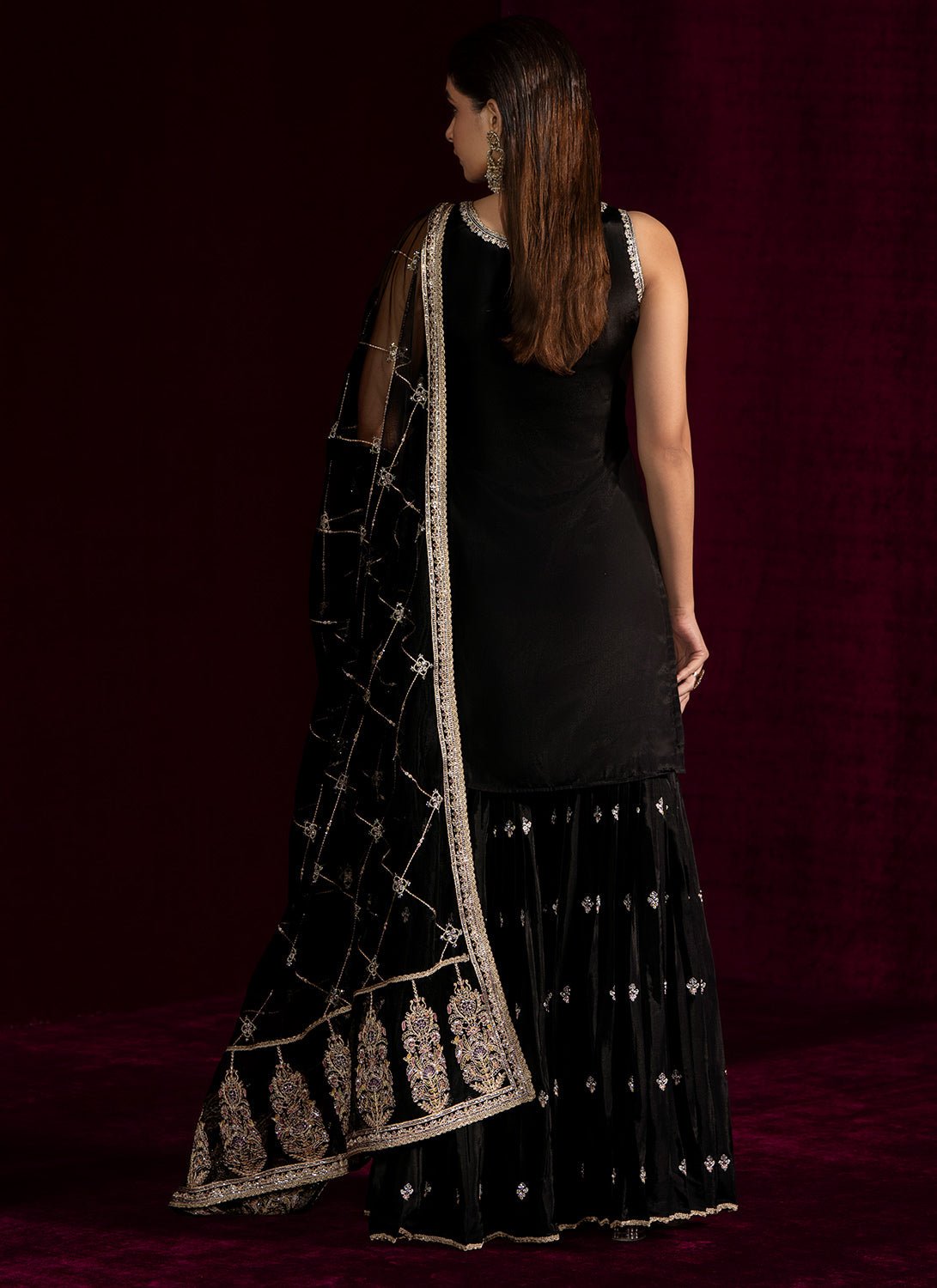 Black Embroidered Crepe Silk Gharara - Lashkaraa