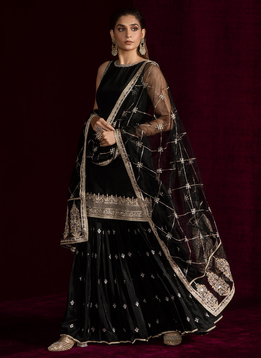 Black Embroidered Crepe Silk Gharara - Lashkaraa