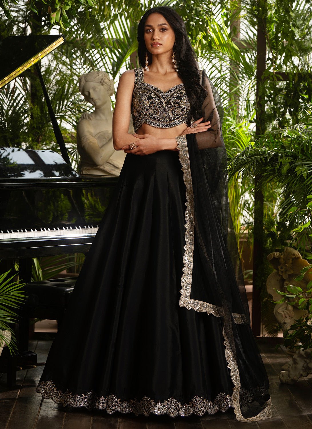 Black Embroidered Crepe Silk Lehenga - Lashkaraa