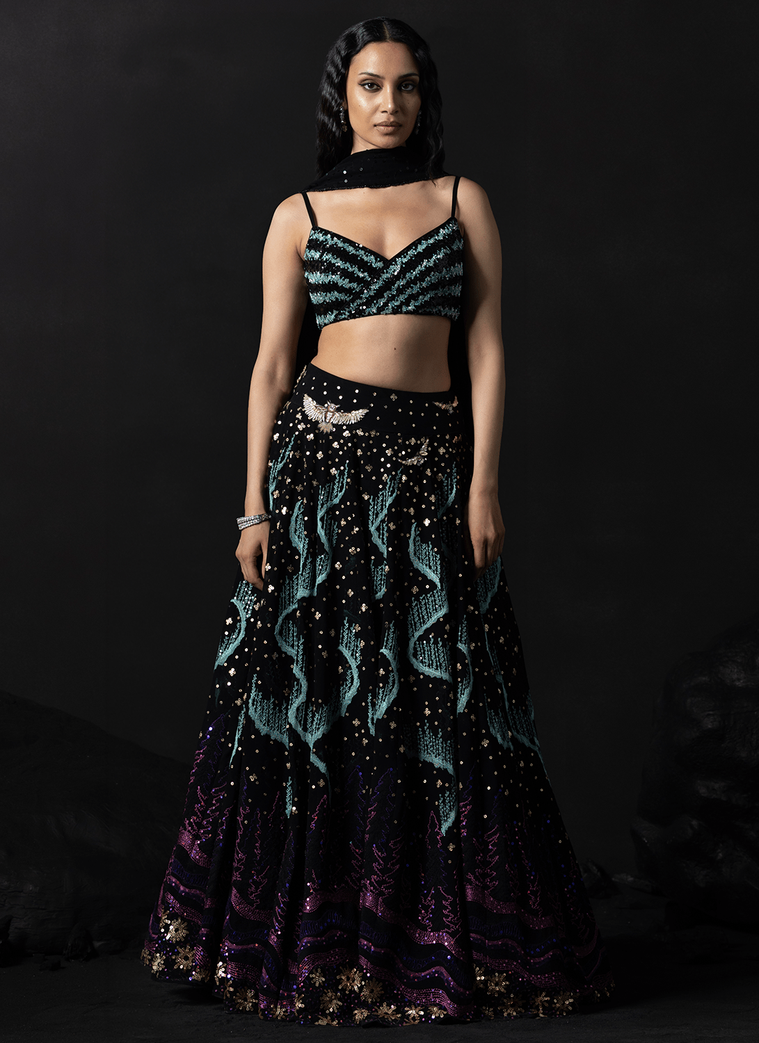 Black Embroidered Georgette Lehenga - Lashkaraa