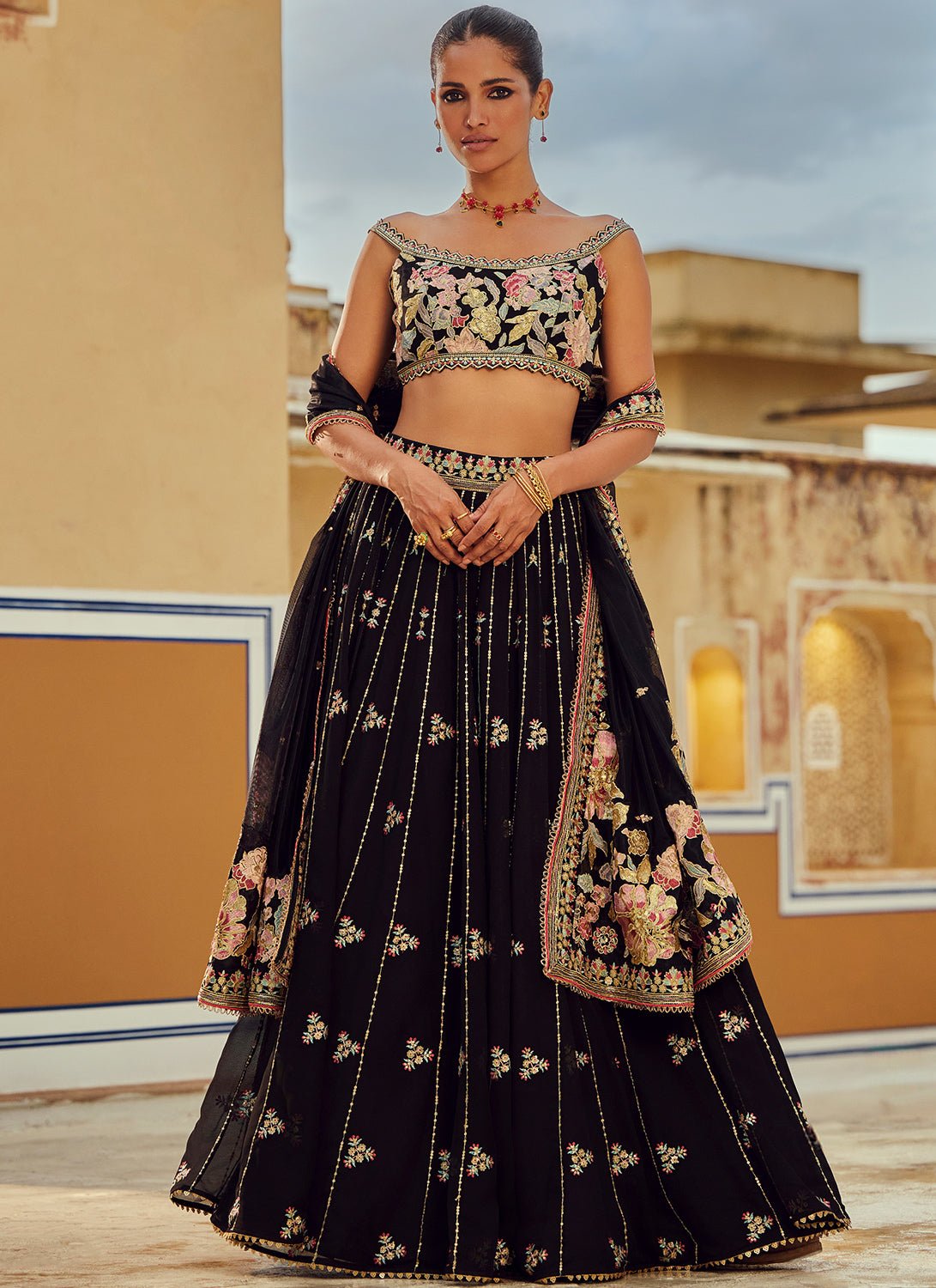 Black Embroidered Georgette Lehenga - Lashkaraa