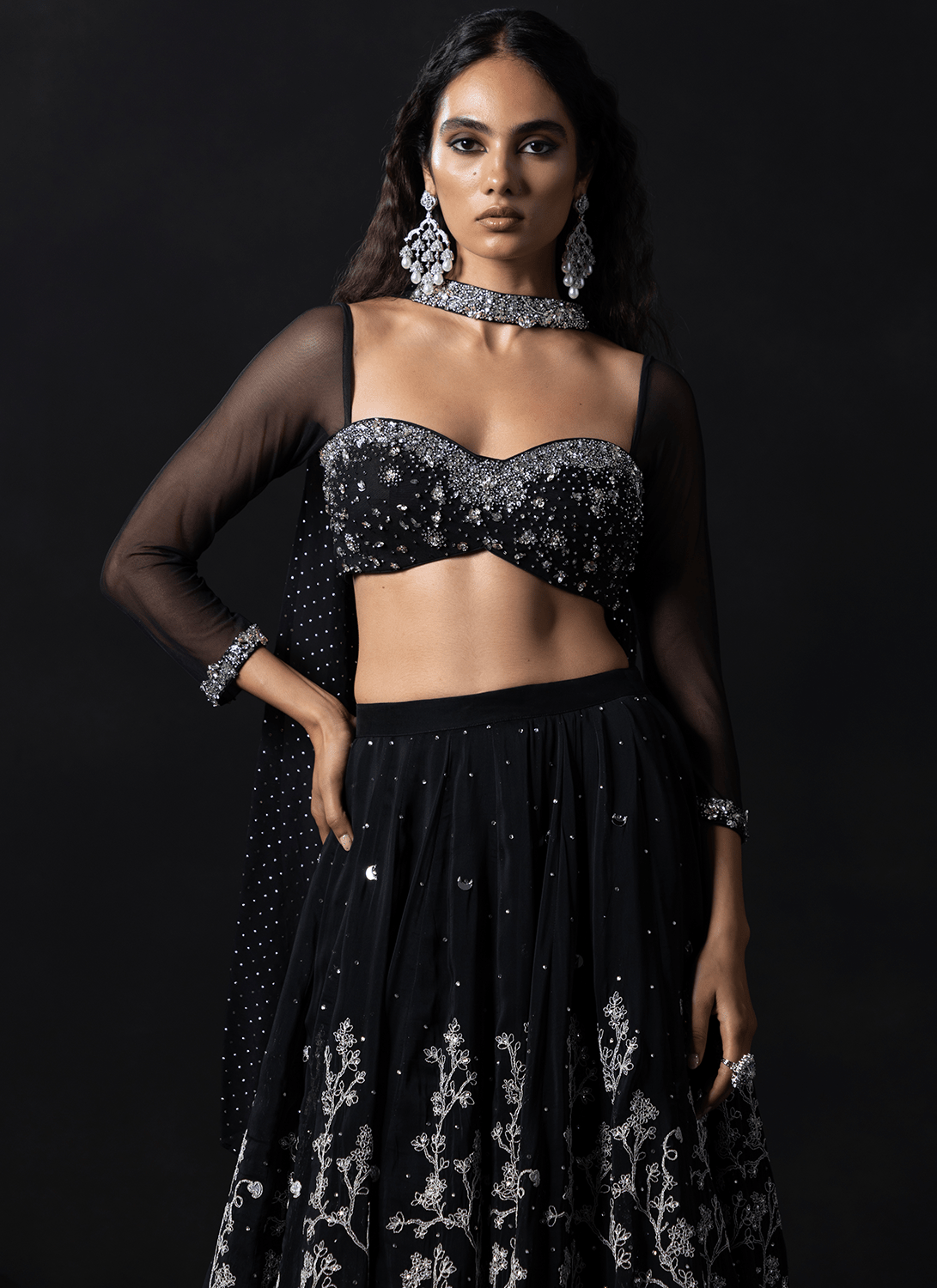 Black Embroidered Net Lehenga - Lashkaraa