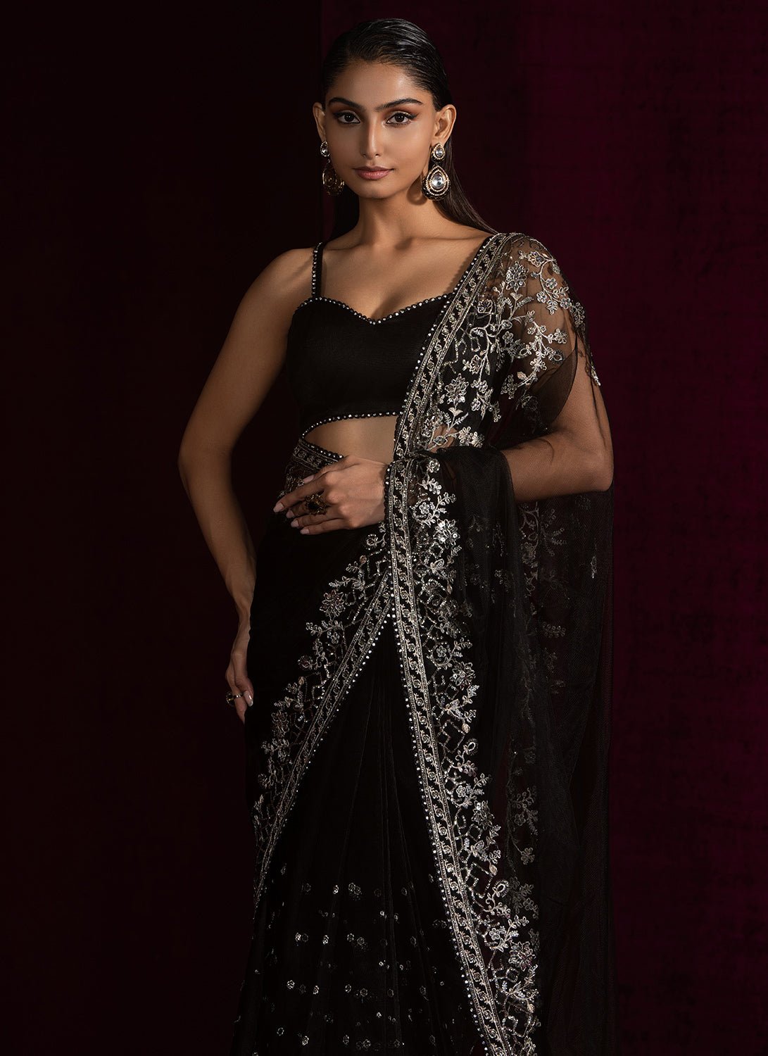 Black Embroidered Net Saree - Lashkaraa