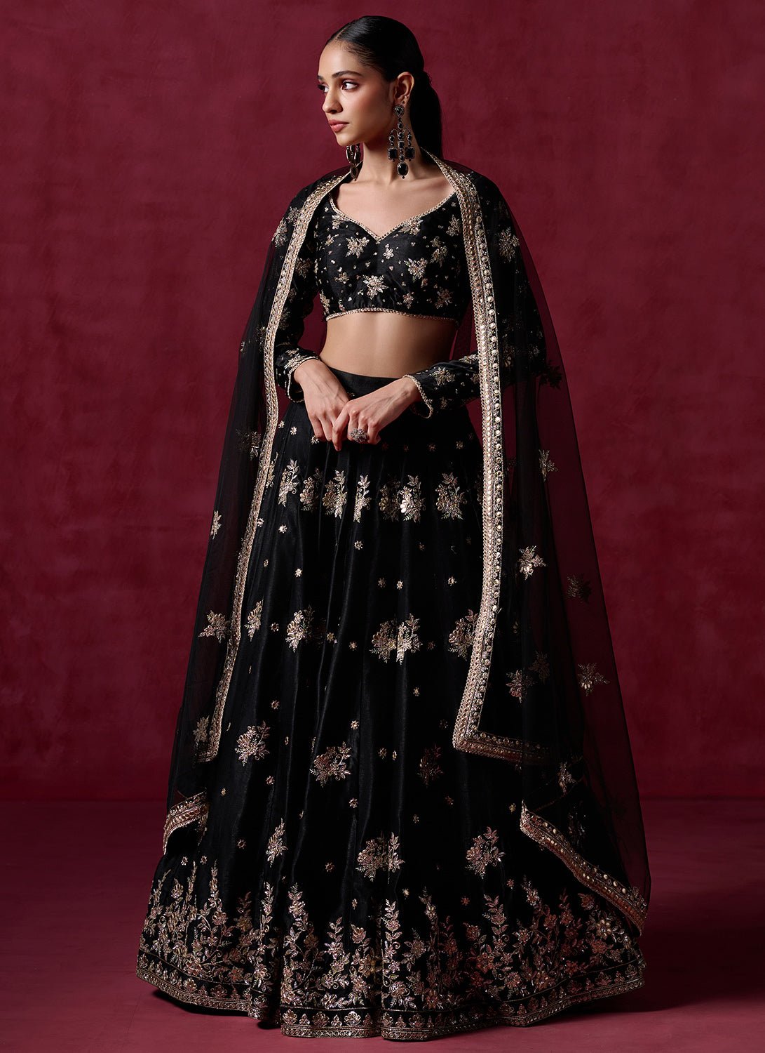 Black Embroidered Satin Lehenga - Lashkaraa