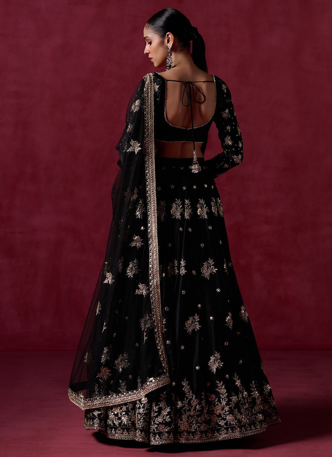 Black Embroidered Satin Lehenga - Lashkaraa