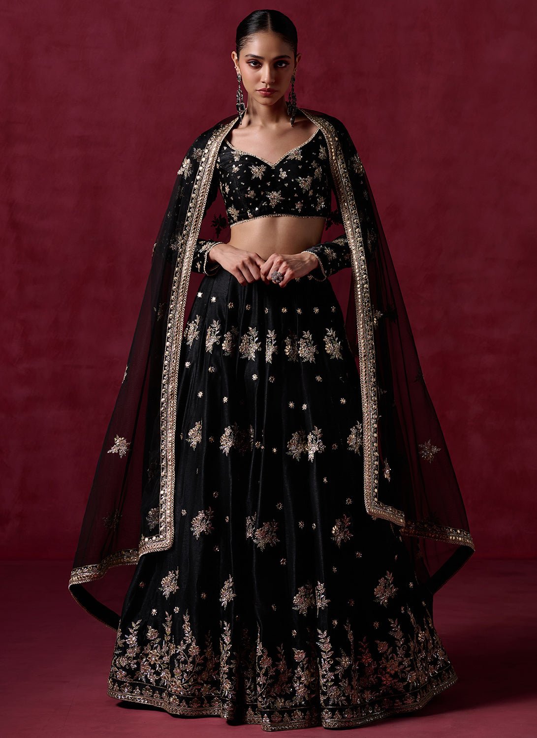 Black Embroidered Satin Lehenga - Lashkaraa