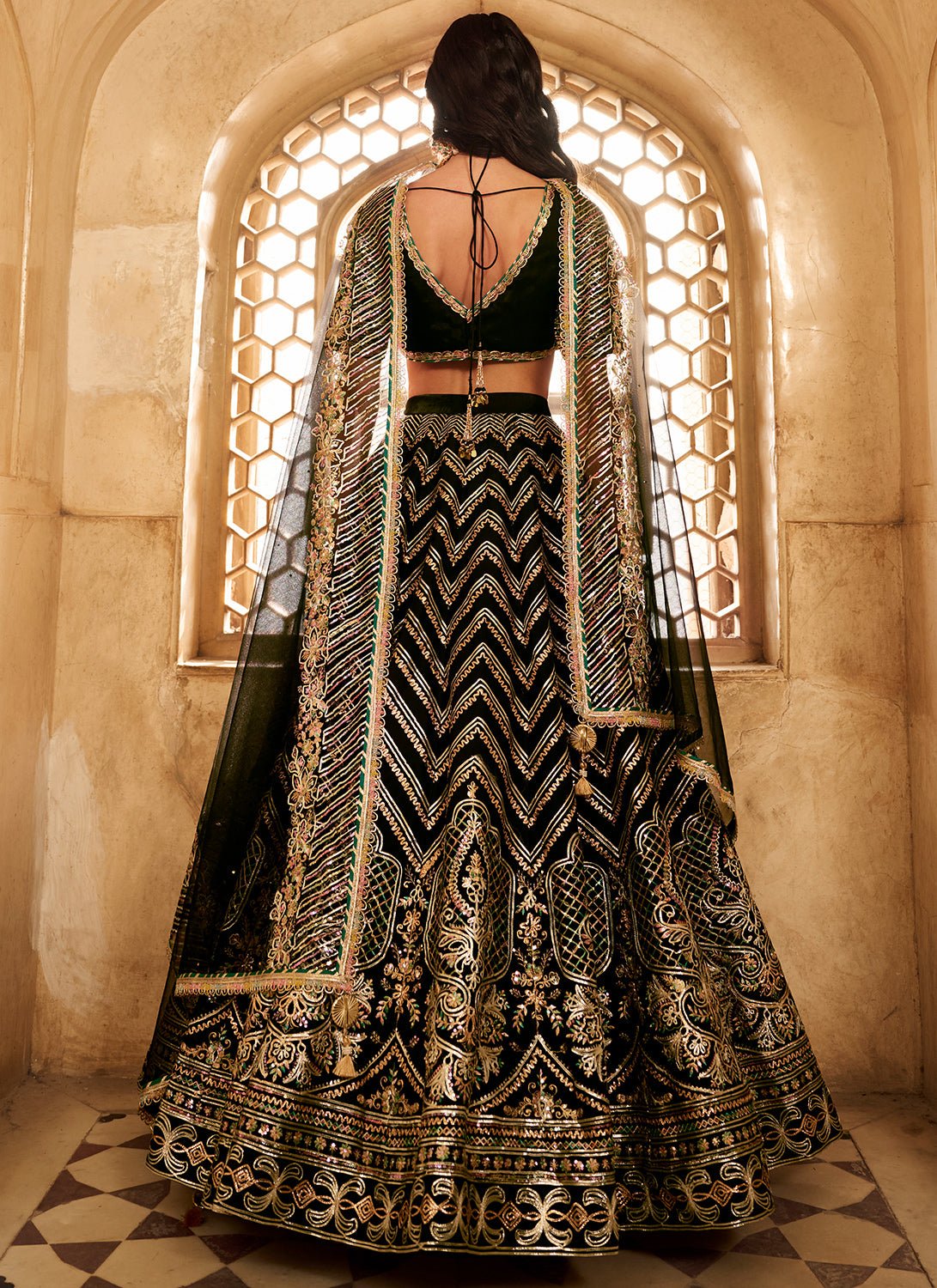 Black Embroidered Satin Organza Lehenga - Lashkaraa