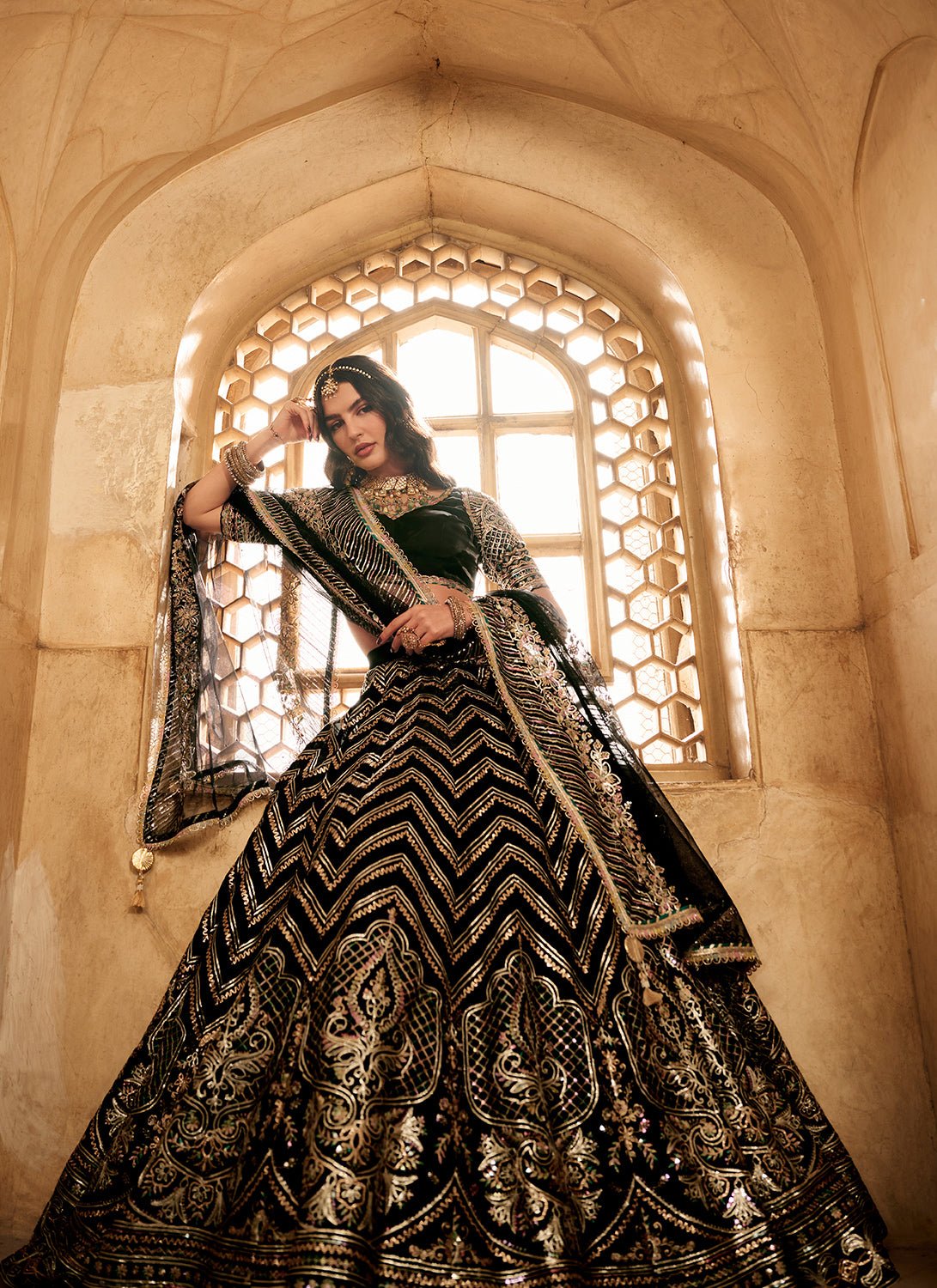 Black Embroidered Satin Organza Lehenga - Lashkaraa