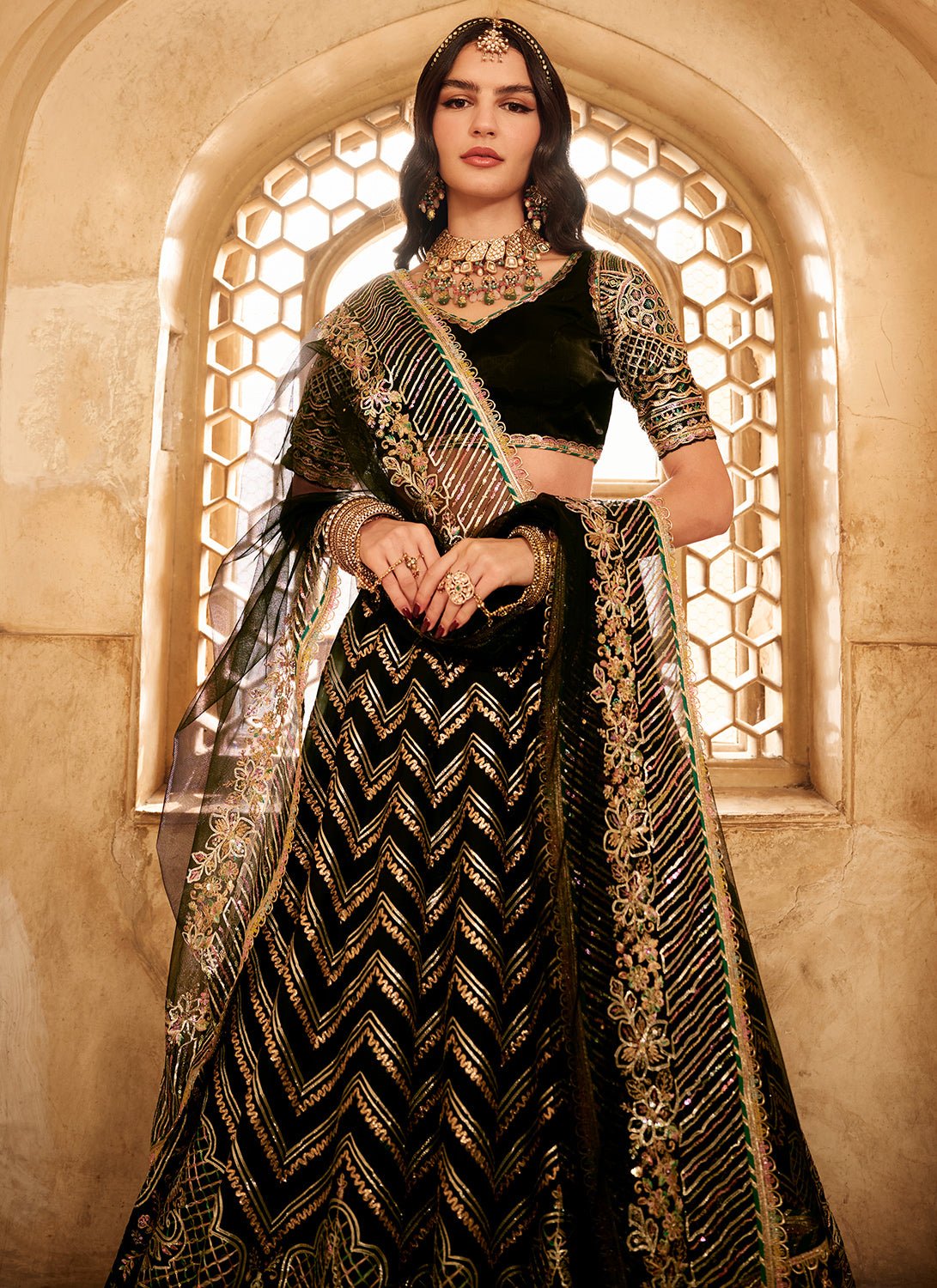 Black Embroidered Satin Organza Lehenga - Lashkaraa