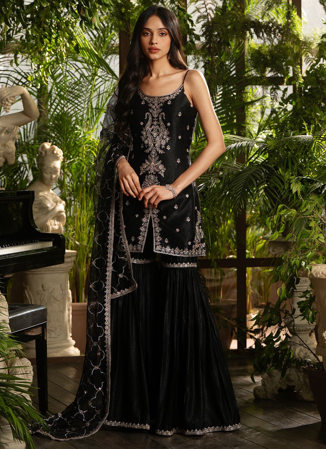 Black Embroidered Satin Velvet Gharara - Lashkaraa