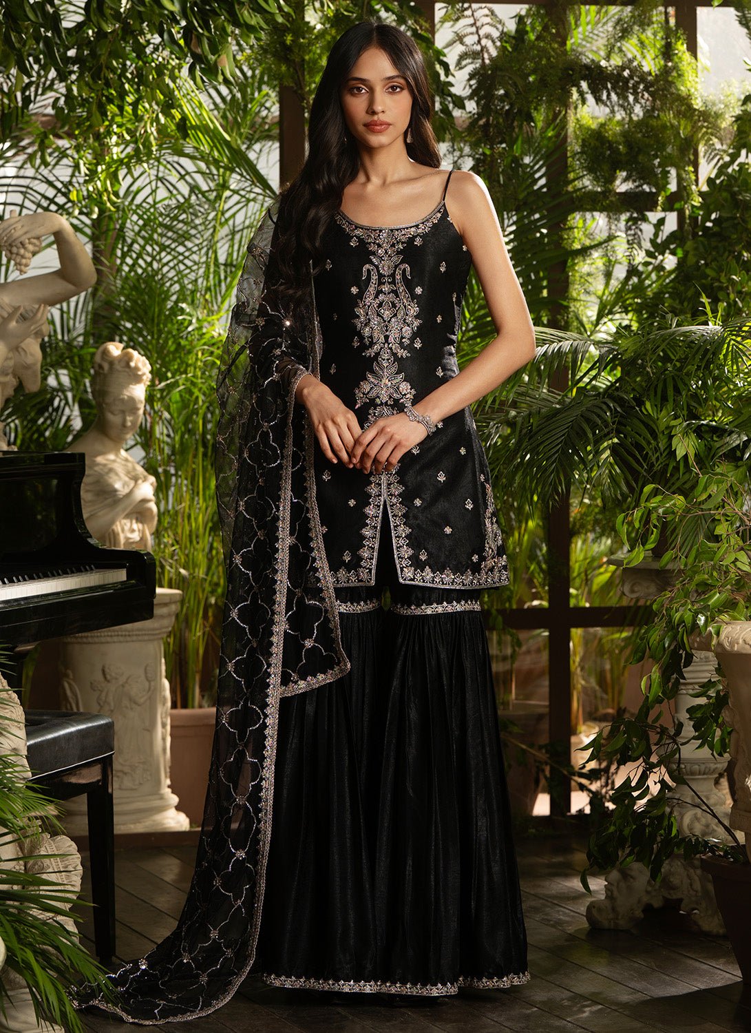 Black Embroidered Satin Velvet Gharara - Lashkaraa