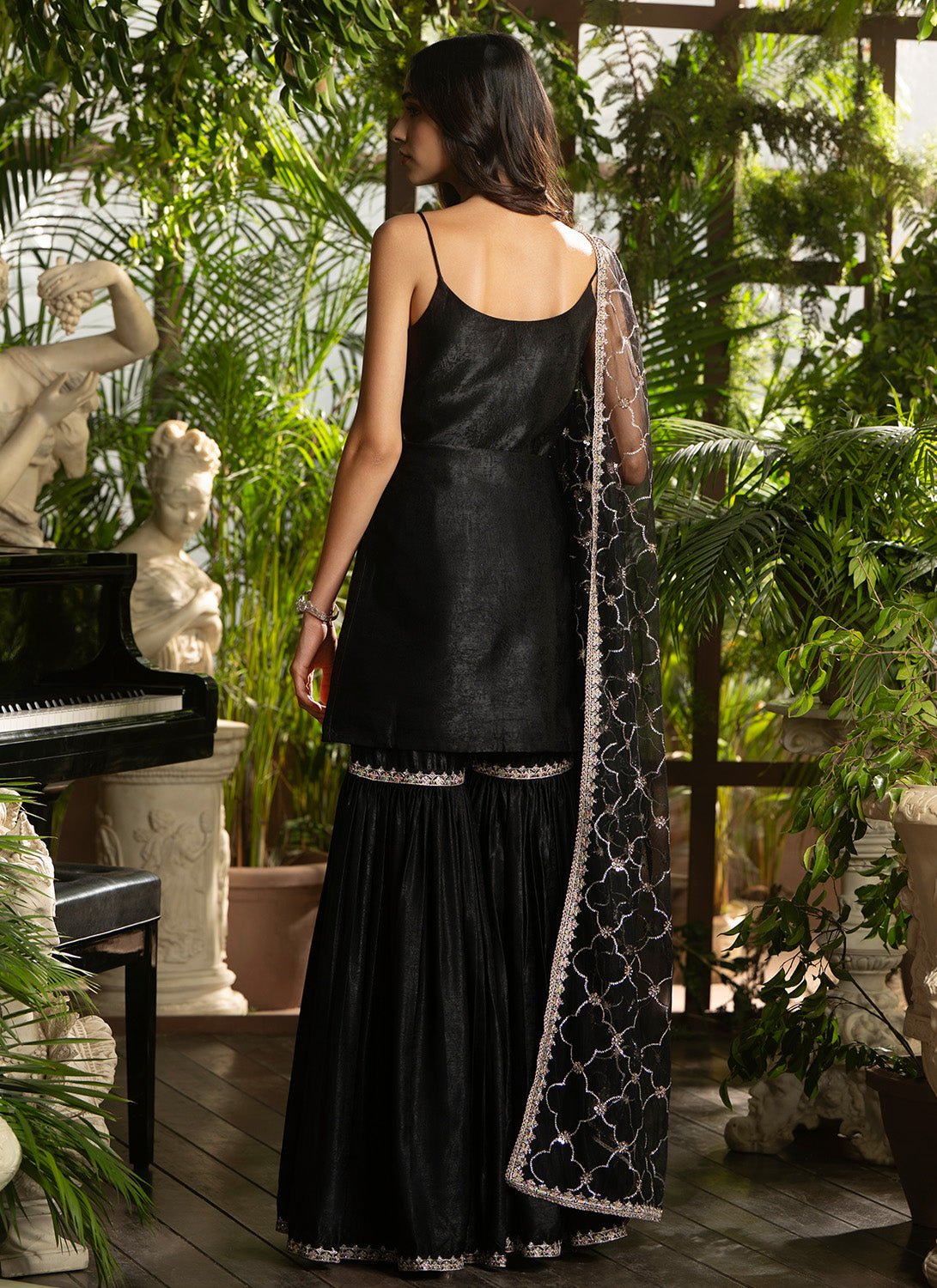 Black Embroidered Satin Velvet Gharara - Lashkaraa