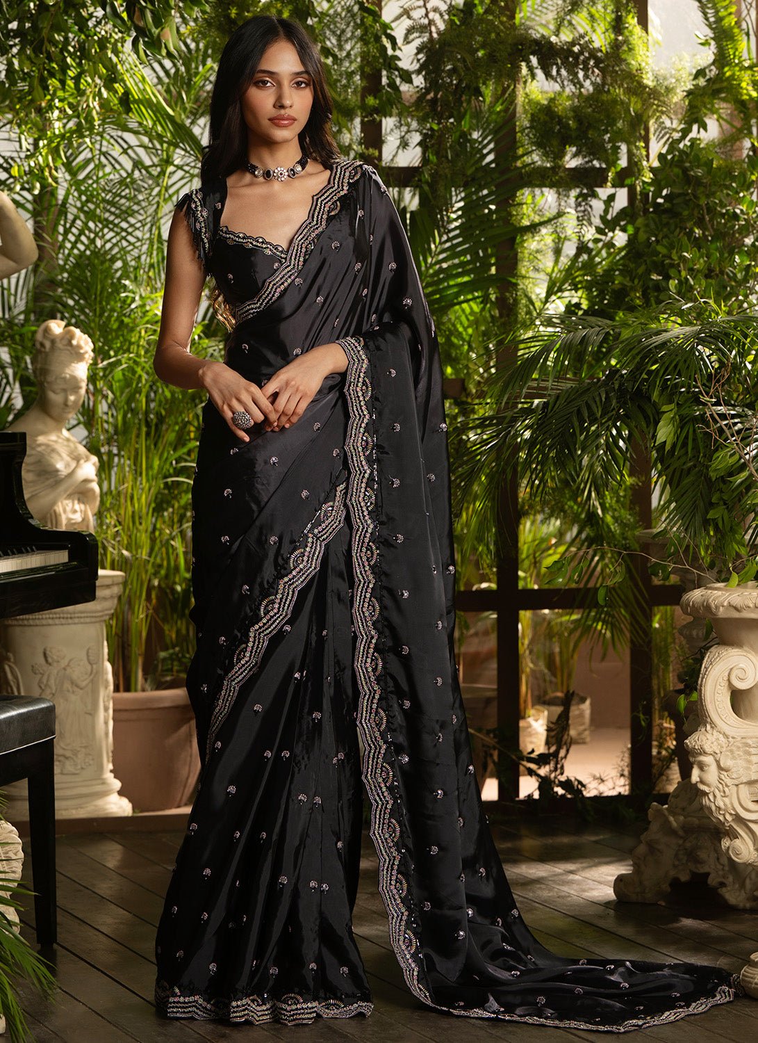 Black Embroidered Silk Saree - Lashkaraa